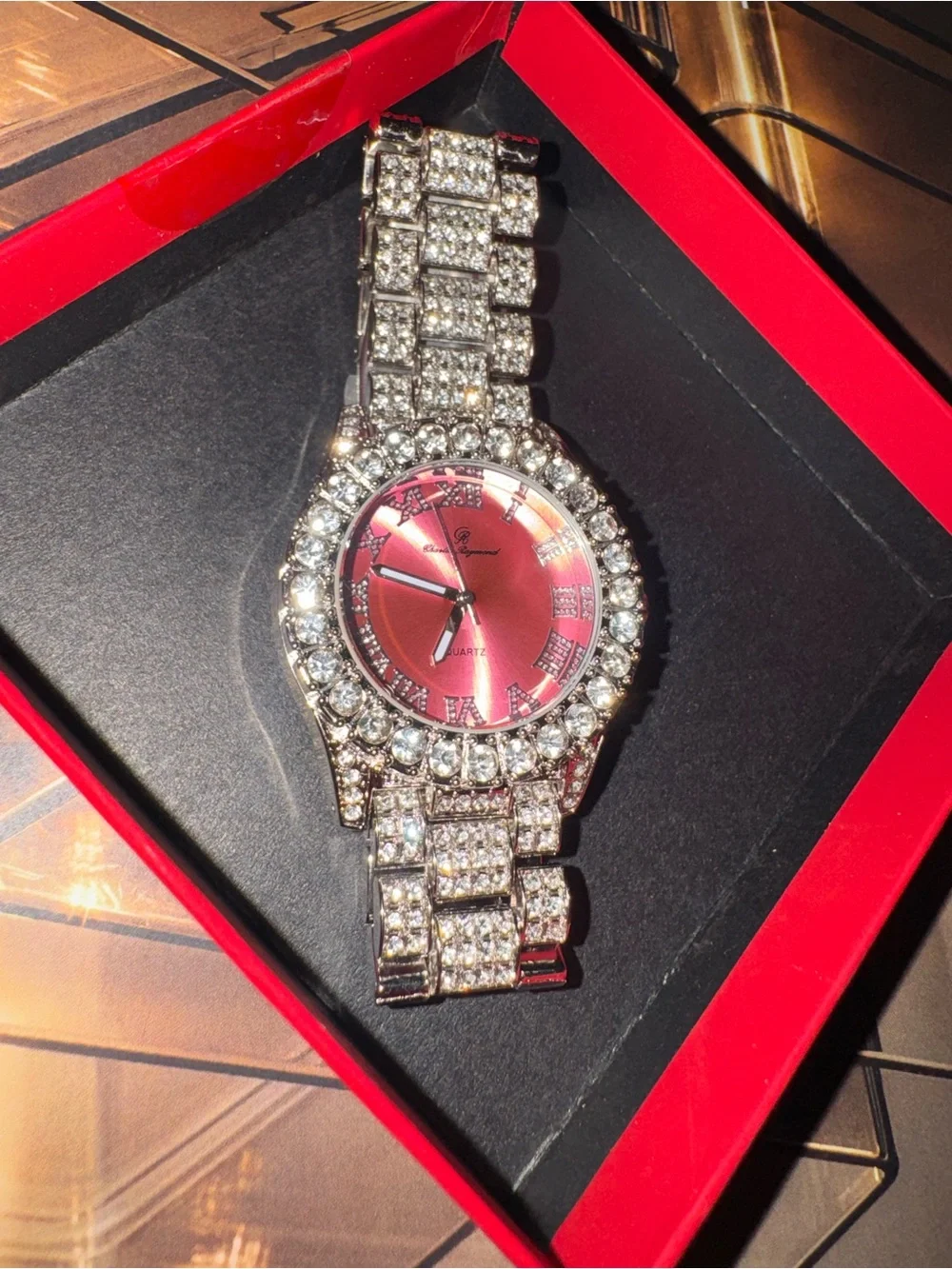 Charles Raymond Vintage Iced Out Luxury Pink Silver Lab Diamond Watch